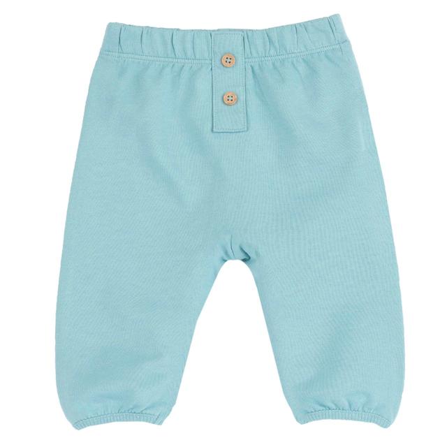 Pantaloni lunghi verdi in felpa di cotone sostenibile Chicco per bambino, con vita elasticizzata e finta apertura con bottoni effetto legno. | Chicco
