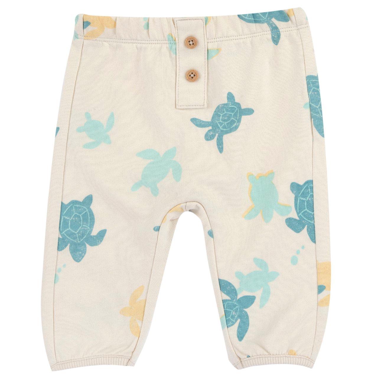 Pantaloni lunghi bianchi Chicco per bambino in morbida felpa di cotone sostenibile con stampa grafica e finta apertura bottoni effetto legno. | Chicco