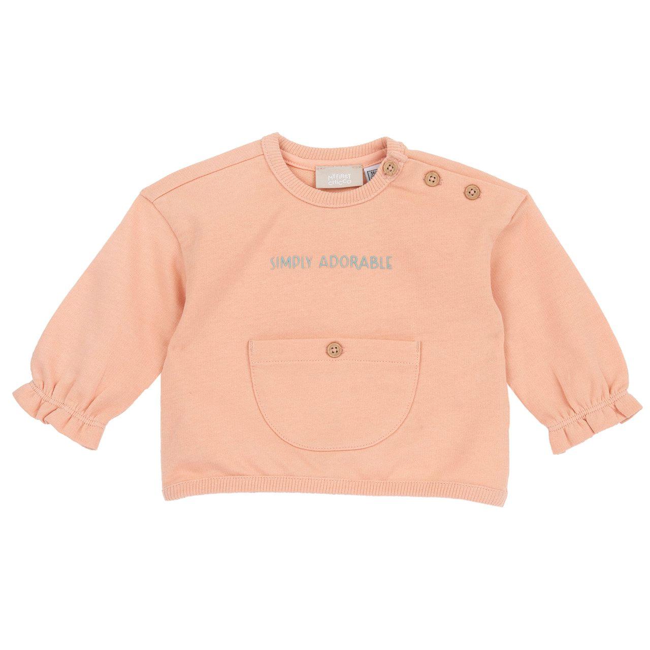 Felpa girocollo rosa in cotone sostenibile per bambina con grafica stampata e bottoncini effetto legno, Chicco. | Chicco