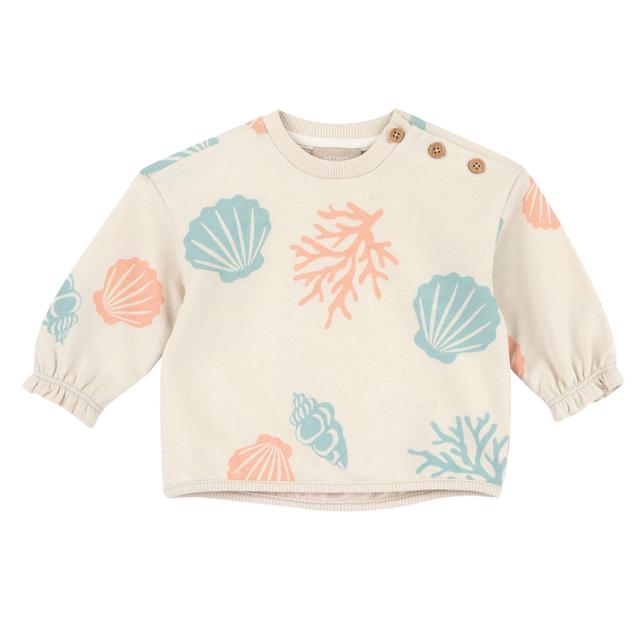 Felpa girocollo bianca a manica lunga per bambina Chicco con vivace stampa fantasia e bottoncini effetto legno, in cotone sostenibile Oeko-Tex. | Chicco