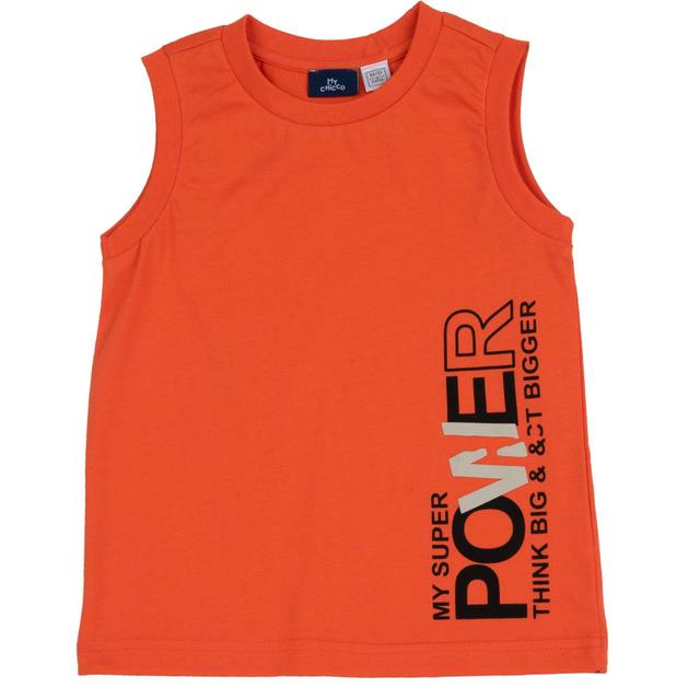 Canotta arancione in cotone sostenibile per bambino Chicco con stampa a rilievo e bottoni automatici sulla spalla, ideale per primavera/estate. | Chicco