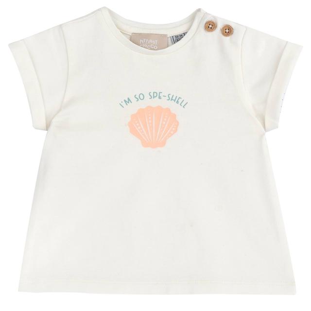 Maglietta a manica corta bianca in cotone elasticizzato Chicco per bambina con stampa grafica e bottoni effetto legno sulla spalla. | Chicco