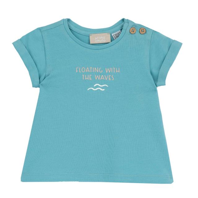 Maglietta a manica corta bianca in cotone elasticizzato Chicco per bambina con stampa grafica e bottoni effetto legno sulla spalla. | Chicco