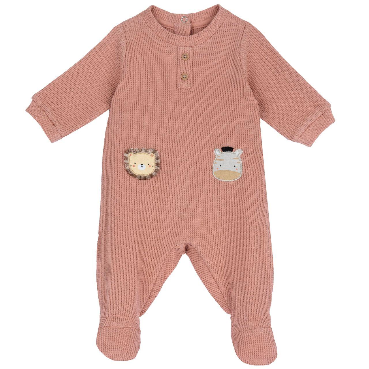 Tutina girocollo unisex Chicco arancione in cotone sostenibile con grafica ricamata e bottoni effetto legno, aperta dietro. | Chicco
