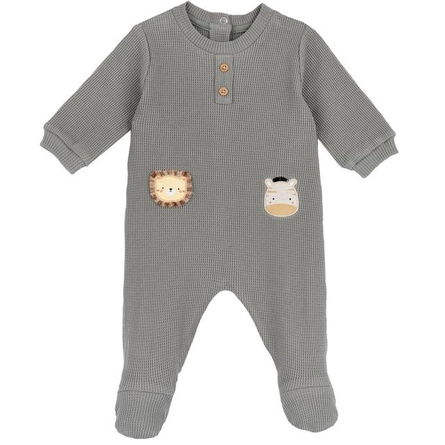 Tutina girocollo unisex Chicco arancione in cotone sostenibile con grafica ricamata e bottoni effetto legno, aperta dietro. | Chicco