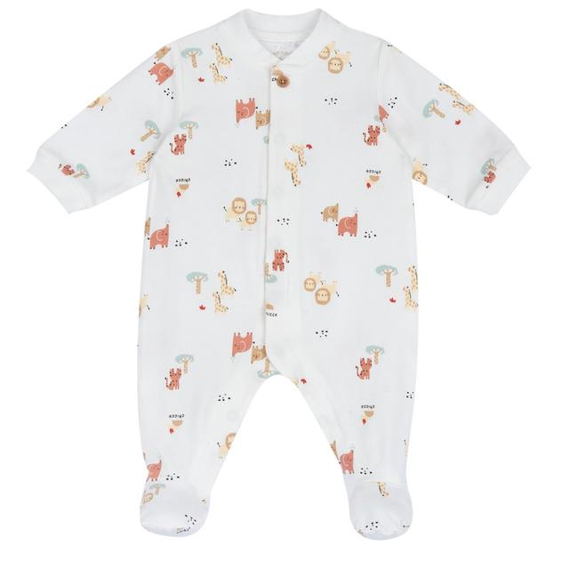 Tutina unisex Chicco aperta davanti in jersey di cotone elasticizzato beige con stampa fantasia animali e bottoni automatici frontali. | Chicco