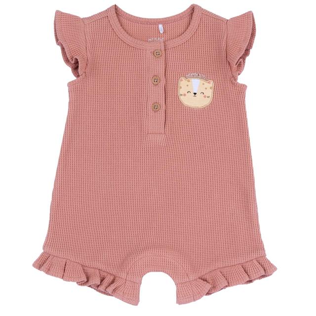 Pagliaccetto corto arancione in jersey operato effetto nido d'ape per bambina, con grafica ricamata e bottoni effetto legno. | Chicco