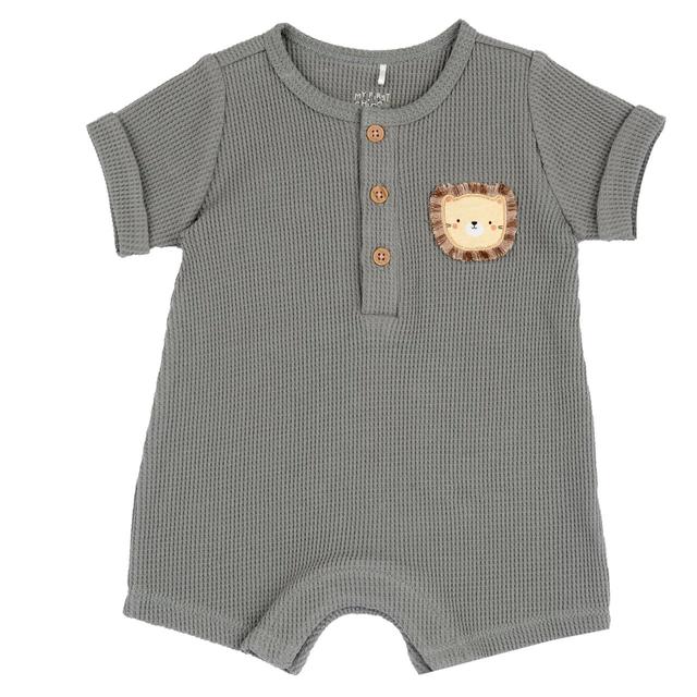 Pagliaccetto corto Chicco in morbido jersey verde effetto nido d'ape, 100% cotone sostenibile, con grafica ricamata e bottoni effetto legno. | Chicco