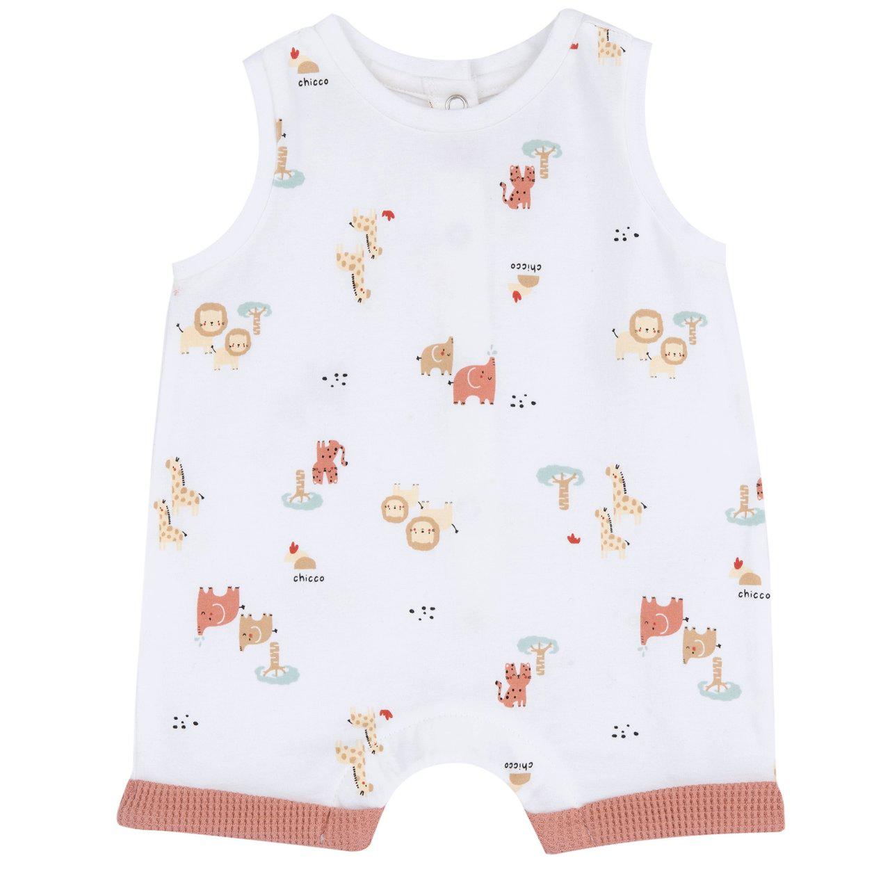 Pagliaccetto smanicato Chicco beige in cotone elasticizzato con stampa fantasia animali, apertura bottoni automatici, ideale primavera/estate. | Chicco