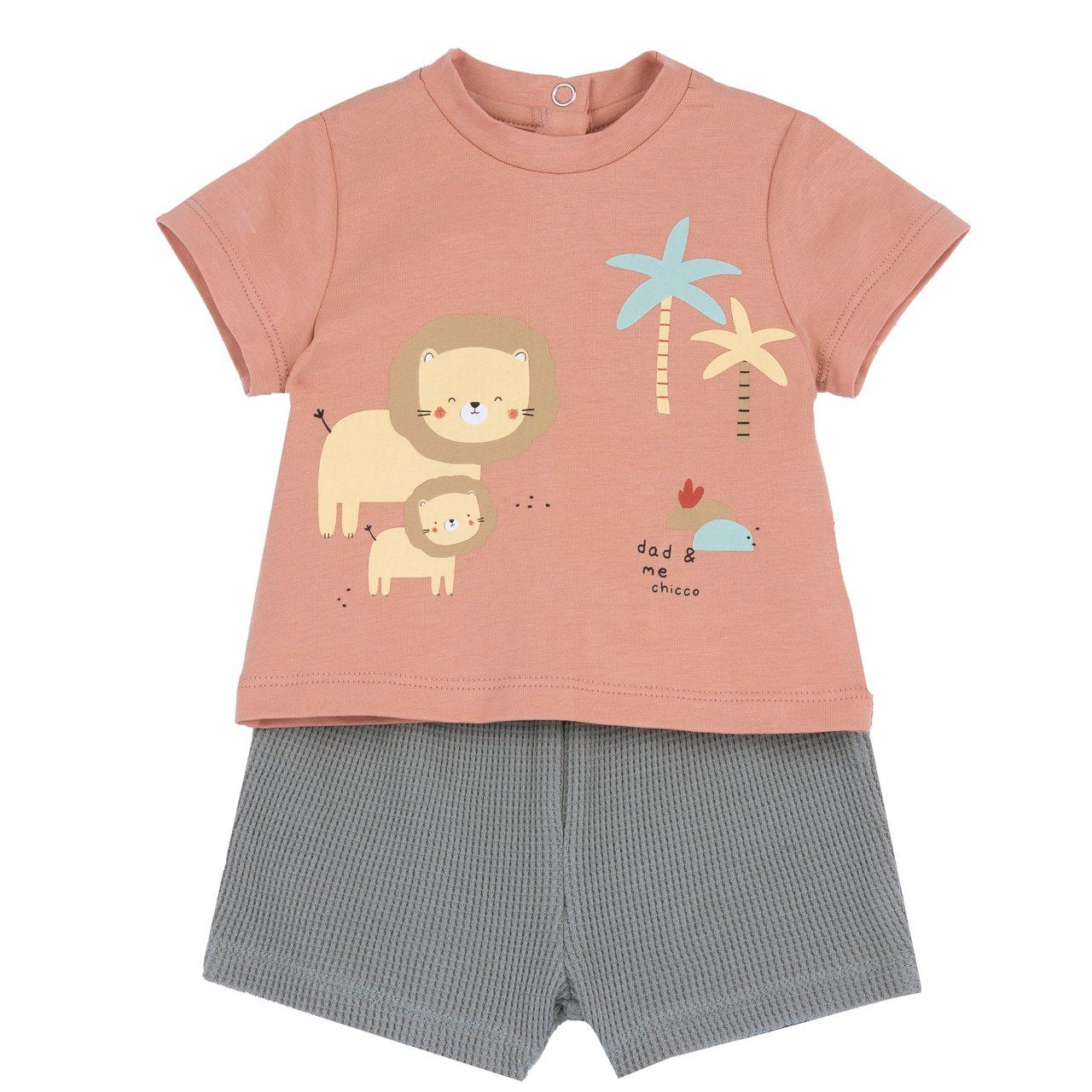 Completo Chicco verde in cotone elasticizzato per bambino, maglietta con grafica stampata e bottoni automatici, pantaloni corti operati effetto nido d'ape. | Chicco