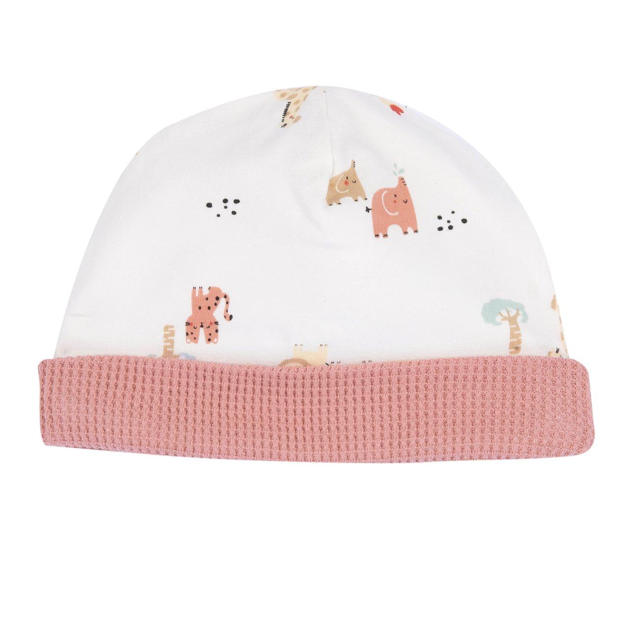 Cappello con risvolto beige in jersey di cotone elasticizzato Chicco, con stampa fantasia animali, certificato Oeko-Tex, ideale per neonati e bambini. | Chicco