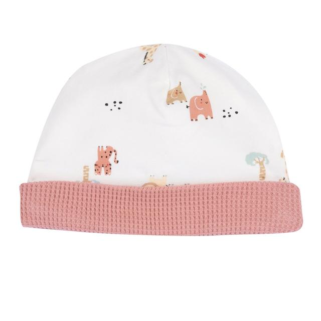 Cappello con risvolto beige in jersey di cotone elasticizzato Chicco, con stampa fantasia animali, certificato Oeko-Tex, ideale per neonati e bambini. | Chicco