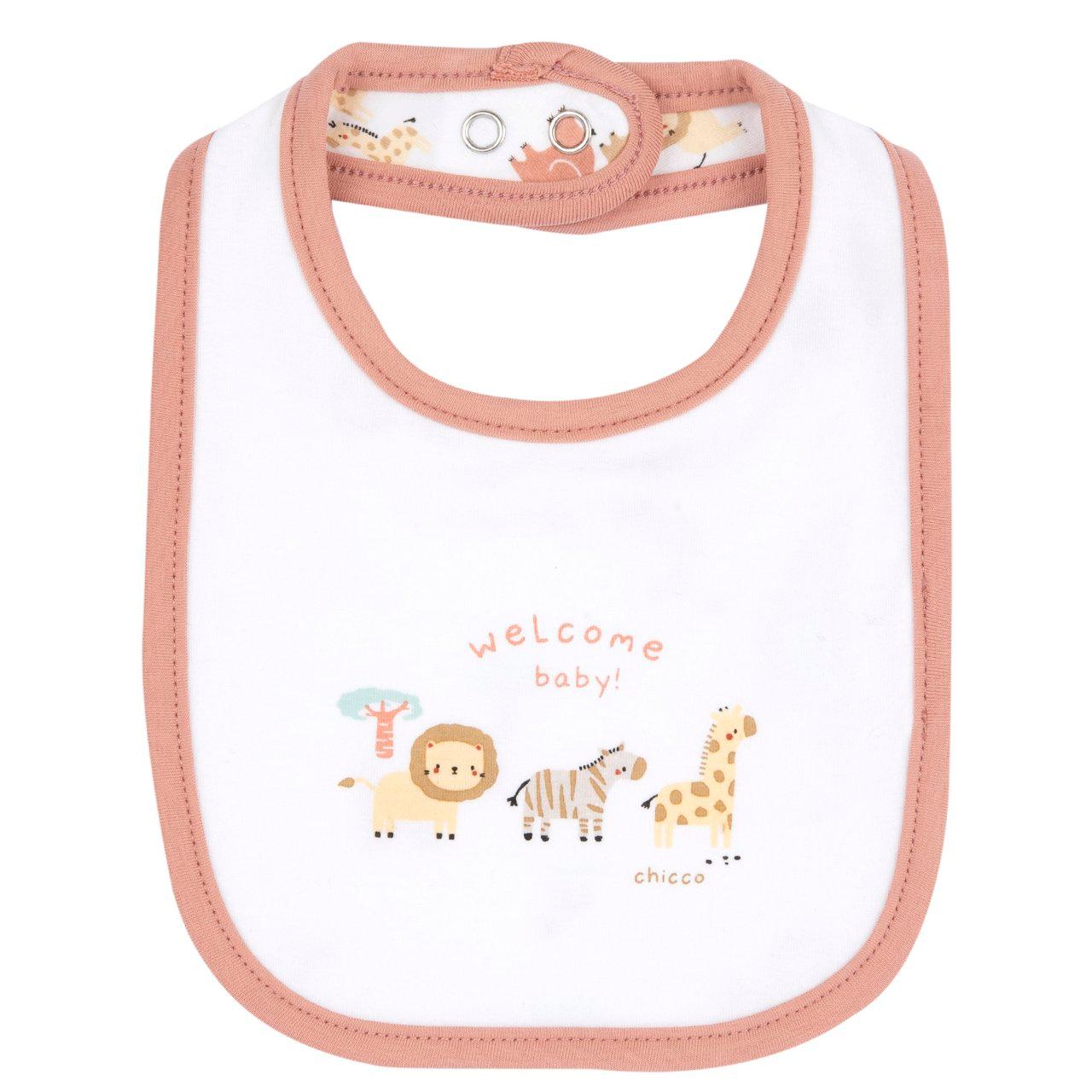 Bavaglino Chicco unisex in cotone elasticizzato bianco con stampa fantasia di animali sul retro, ideale per primavera ed estate. | Chicco