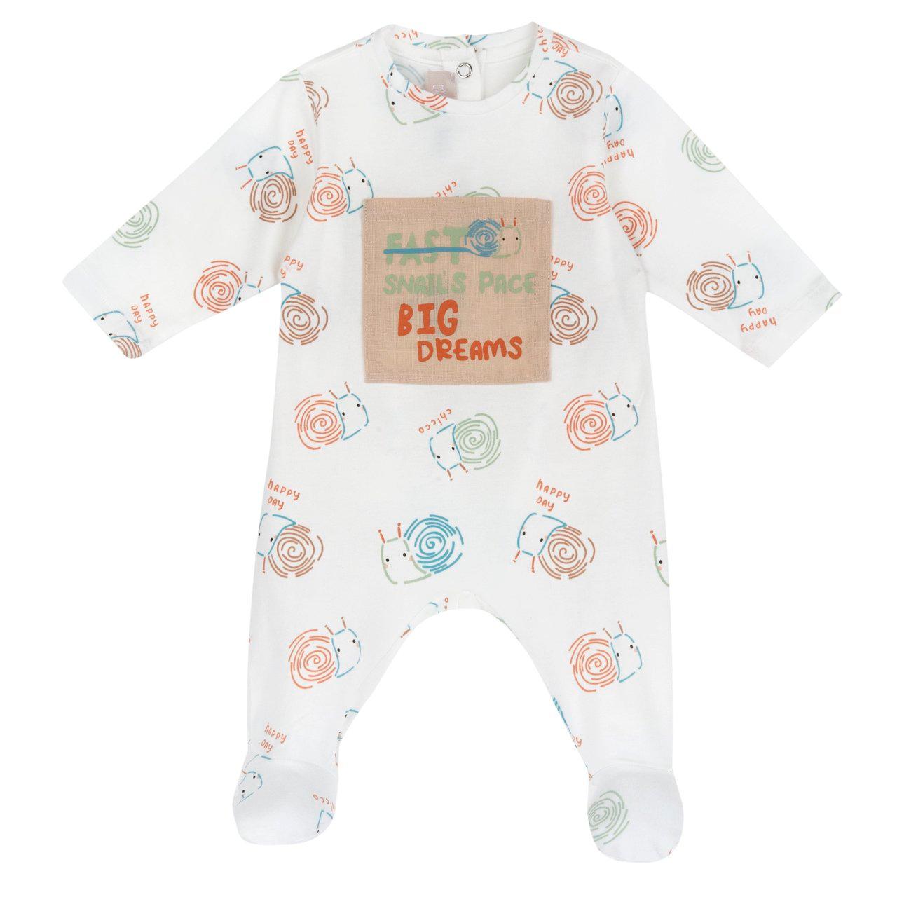 Tutina girocollo unisex Chicco beige in cotone elasticizzato sostenibile con stampa lumachine e tascone, apertura posteriore con bottoni automatici. | Chicco
