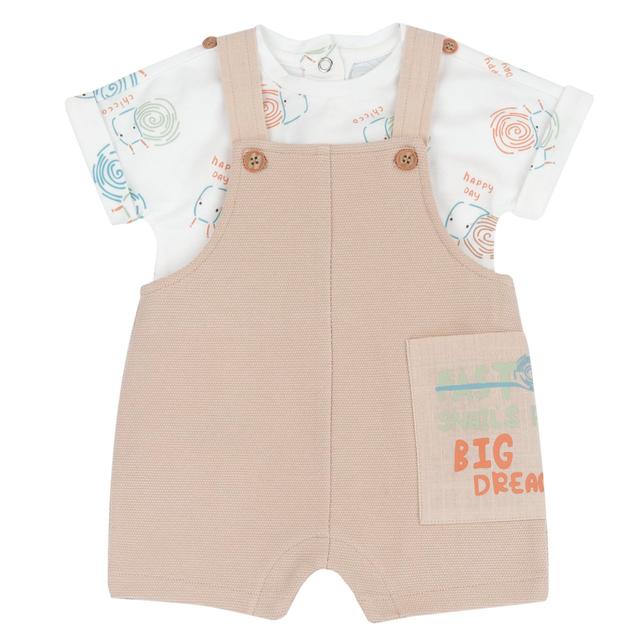 Completo body manica corta bianco Chicco con salopette corta in cotone elasticizzato, dettagli bottoni effetto legno e chiusure automatiche. | Chicco