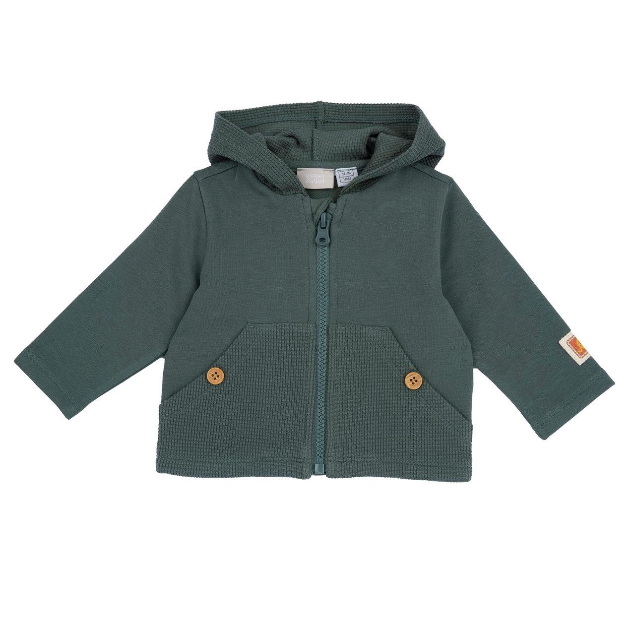Felpa con zip Chicco per bambino in cotone elasticizzato verde, con cappuccio, tasche a nido d'ape e bottoni effetto legno. | Chicco