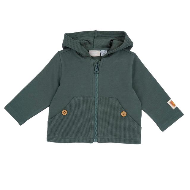 Felpa con zip Chicco per bambino in cotone elasticizzato verde, con cappuccio, tasche a nido d'ape e bottoni effetto legno. | Chicco