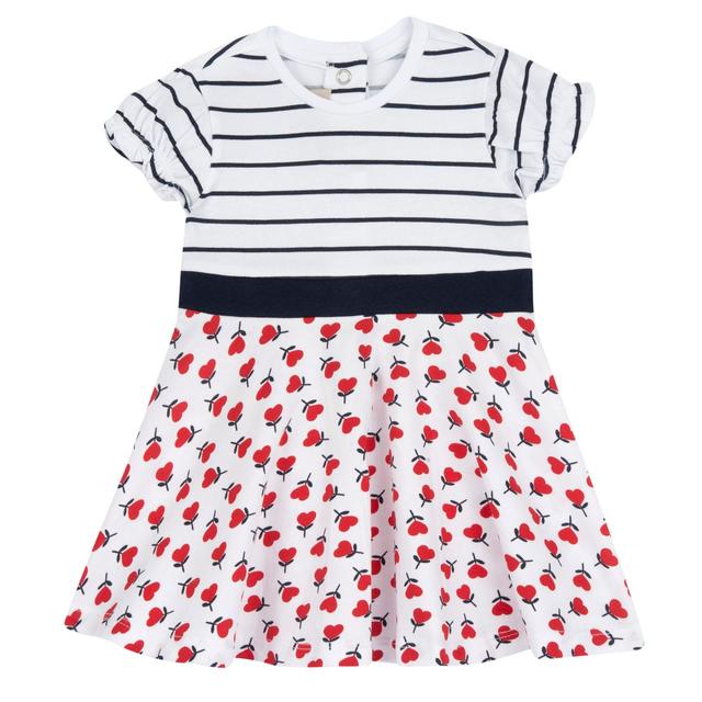 Vestito Chicco a manica corta in jersey di cotone elasticizzato per bambina, bianco con corpino a righe e gonna a fiorellini, cintura blu. | Chicco