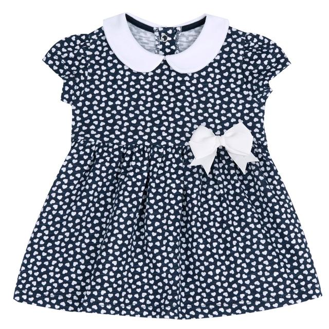 Vestito Chicco blu a manica corta per bambina in jersey effetto fiammato con fiocco in vita e microcuori. | Chicco
