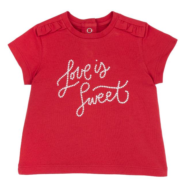 Maglietta a manica corta rossa in jersey elasticizzato per bambina Chicco con stampa a rilievo e volant, cotone sostenibile Oeko-Tex. | Chicco