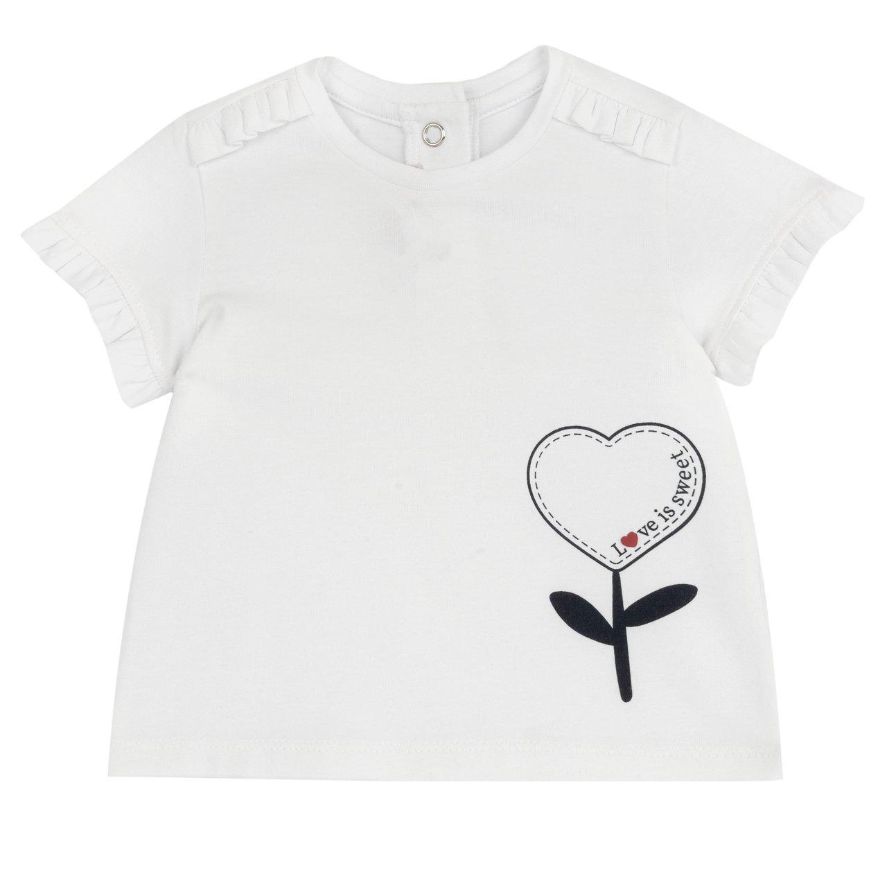 Maglietta a manica corta bianca per bambina Chicco con stampa floreale a cuore e volant, in jersey elasticizzato di cotone sostenibile Oeko-Tex. | Chicco