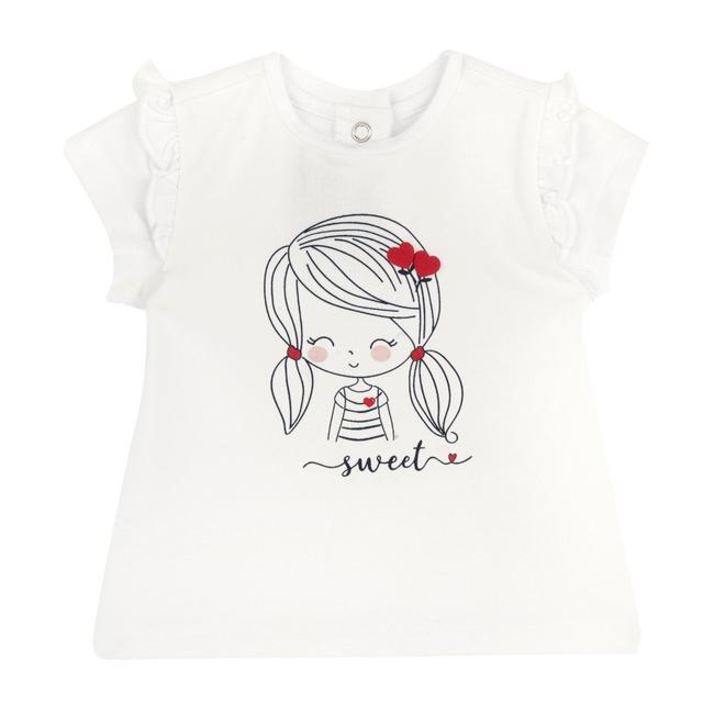 Maglietta a manica corta bianca Chicco per bambina con grafica stampata in rilievo e volant, in jersey elasticizzato sostenibile. | Chicco