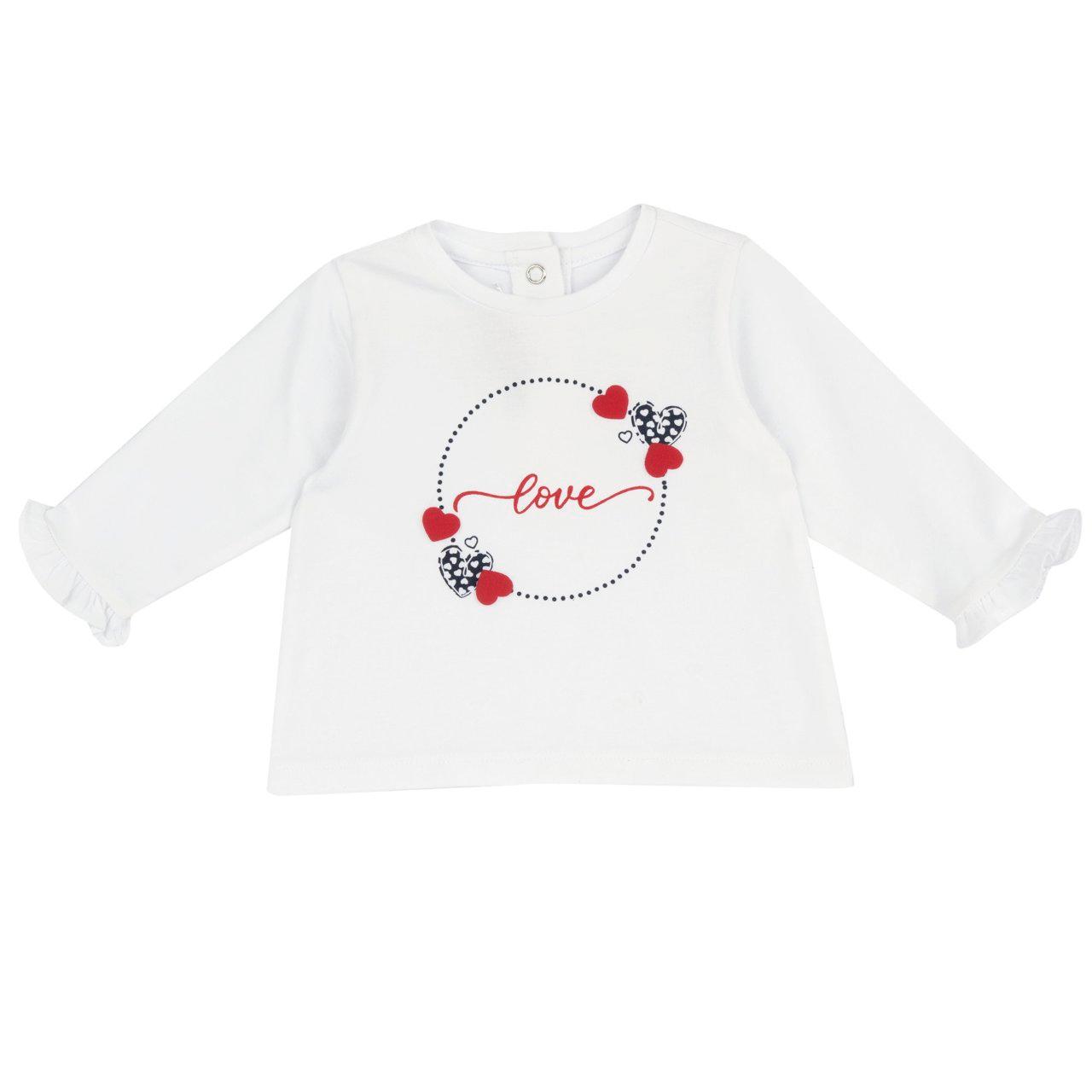 Maglietta a manica lunga bianca in cotone elasticizzato per bambina Chicco con stampa floreale e volant al fondo manica. | Chicco