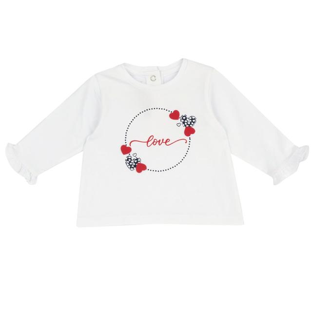 Maglietta a manica lunga bianca in cotone elasticizzato per bambina Chicco con stampa floreale e volant al fondo manica. | Chicco