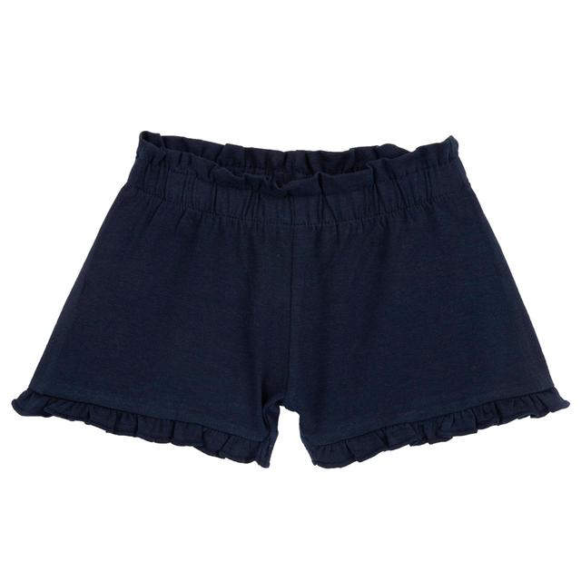 Pantaloni corti blu in jersey di cotone elasticizzato per bambina Chicco con volant al fondo gamba, vita elasticizzata e certificazione Oeko-Tex. | Chicco