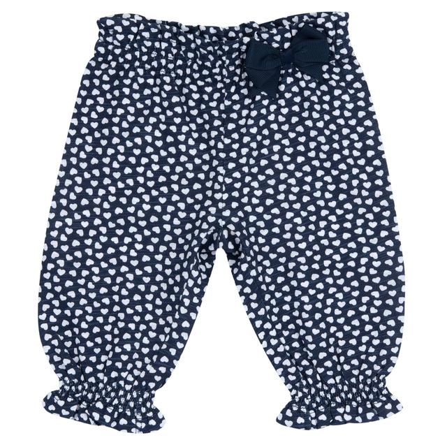Pantaloni lunghi blu in jersey effetto fiammato per bambina Chicco con fantasia a micro cuori, fondi elasticati con rouche e fiocchetto in vita. | Chicco