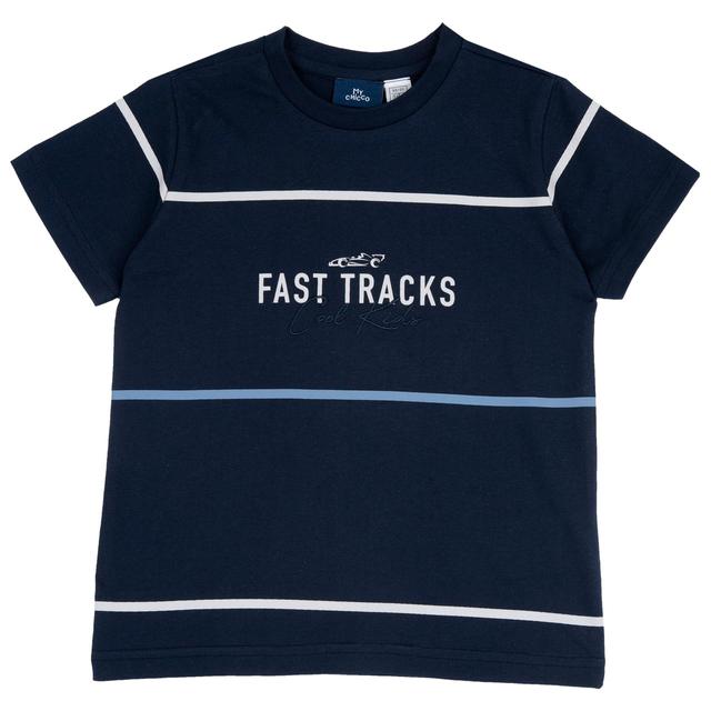 Maglietta a manica corta rigata blu in cotone sostenibile per bambino, con dettagli grafici ricamati, firmata Chicco. | Chicco