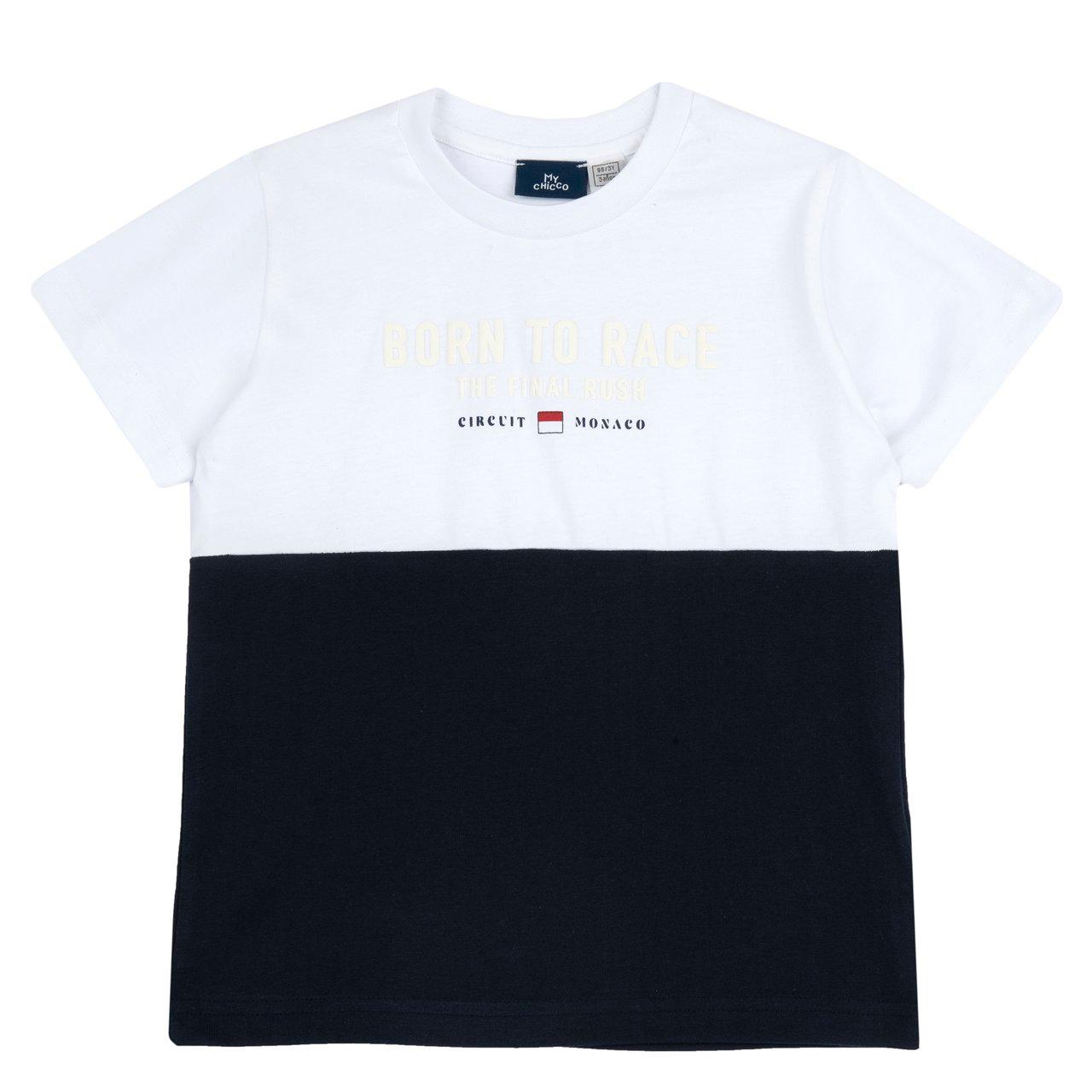 Maglietta manica corta blu in jersey di cotone per bambino Chicco con stampa a rilievo e inserti color block, perfetta per la primavera/estate. | Chicco