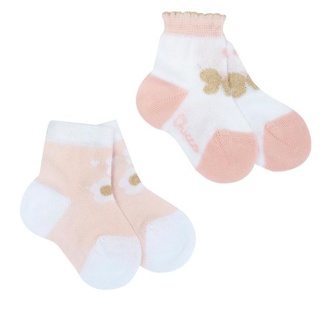 Set due paia di calzini Chicco per bambina in misto cotone, bianco con fantasie di farfalle e fiori rosa, ideali per primavera/estate. | Chicco