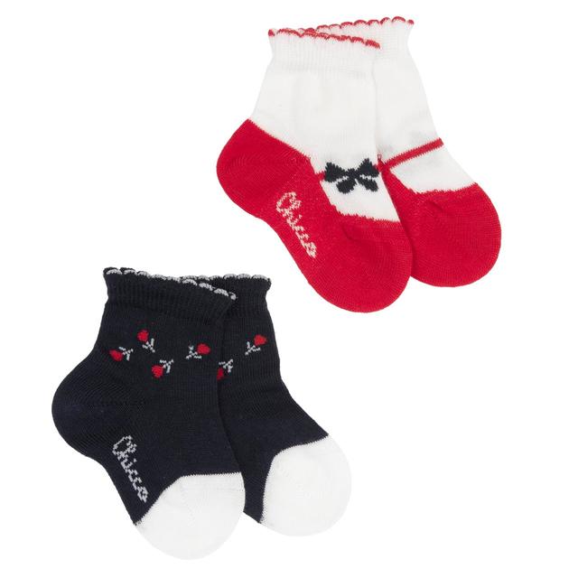 Set due paia di calzini Chicco per bambina in misto cotone, bianco con fantasie di farfalle e fiori rosa, ideali per primavera/estate. | Chicco