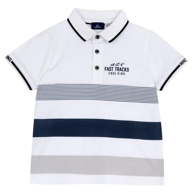 Polo bianca a manica corta in cotone sostenibile per bambino Chicco, con coste rigate, scritte ricamate e bottoni personalizzati, ideale per primavera/estate. | Chicco