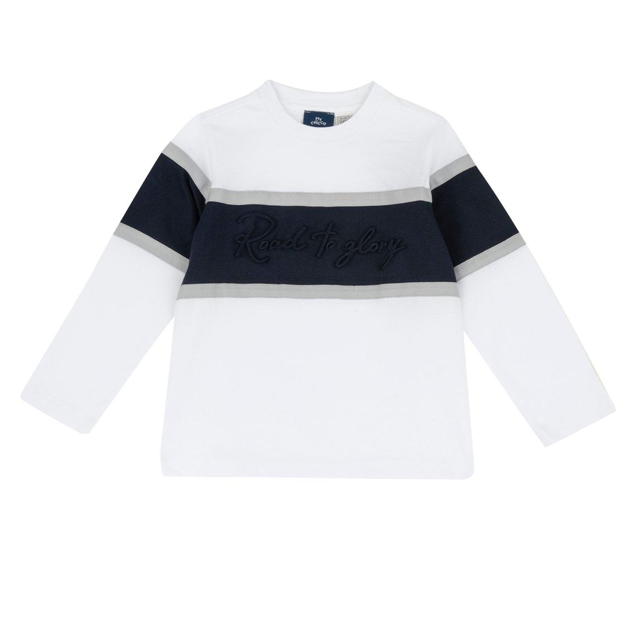 Maglietta a manica lunga Chicco per bambino in cotone sostenibile, con inserto a contrasto e stampa tridimensionale, colore bianco. | Chicco