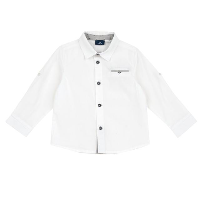 Camicia bianca a manica lunga per bambino in popeline di cotone sostenibile Chicco, con dettagli a contrasto e taschino decorativo sul petto. | Chicco