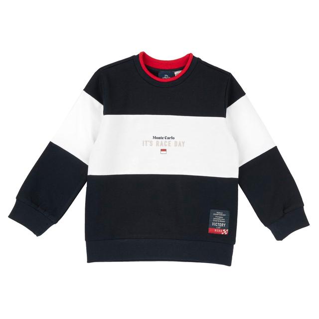 Felpa girocollo blu per bambino Chicco in cotone sostenibile con inserti color block e stampa a rilievo sul davanti. | Chicco