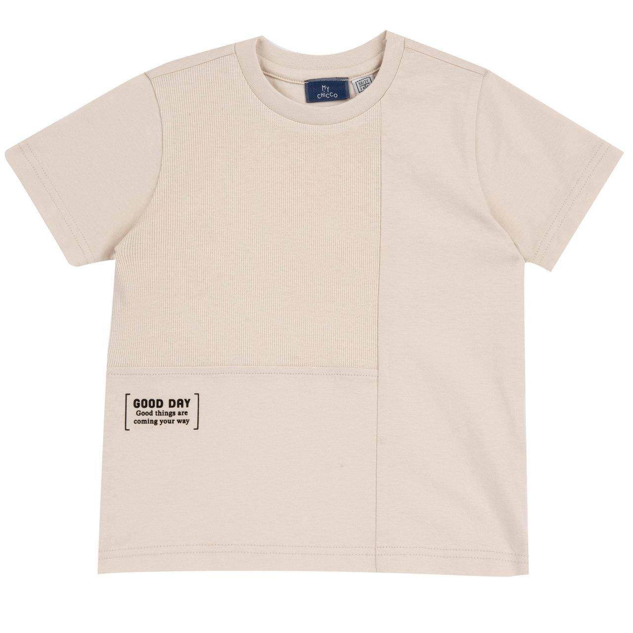 Maglietta a manica corta bianca in cotone sostenibile Chicco unisex con dettagli a rilievo e inserto in costa, ideale per primavera/estate. | Chicco