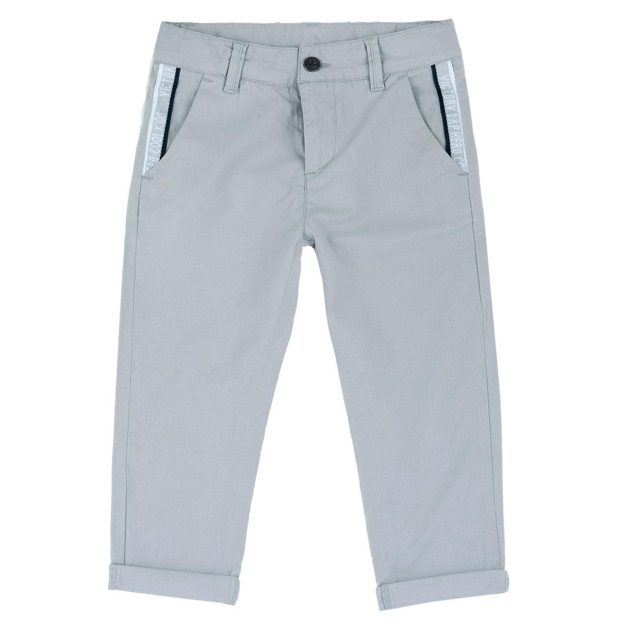 Pantaloni lunghi grigi Chicco in cotone elasticizzato con effetto diagonale, vita regolabile e nastro decorativo sulle tasche anteriori. | Chicco