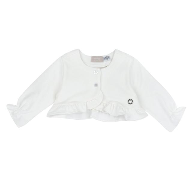 Cardigan bianco in felpa elasticizzata per bambina Chicco con maniche arricciate e balza decorativa, chiusura con bottoncini effetto madreperla a fiore. | Chicco