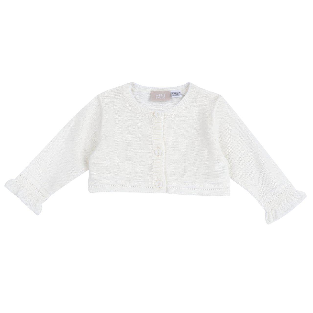 Cardigan in maglia bianco per bambina Chicco in cotone tricot con traforatura e balza alle maniche, bottoncini fiore effetto madreperla. | Chicco