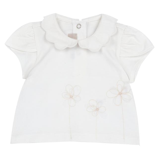 Maglietta manica corta bianca per bambina Chicco con collo smerlato, maniche a campanella e ricamo di margherite in organza. | Chicco