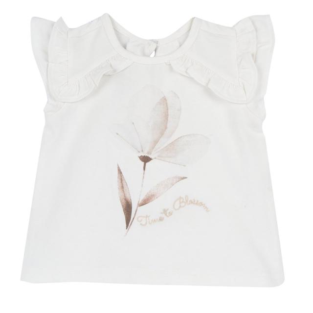 Maglietta a maniche corte bianca per bambina Chicco con stampa floreale acquarellata e dettagli in organza, chiusura con bottoncini fiore sul retro. | Chicco