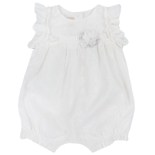 Pagliaccetto manica corta bianco in cotone Sangallo traforato per bambina, con applicazioni floreali in tulle e organza, collezione Chicco. | Chicco