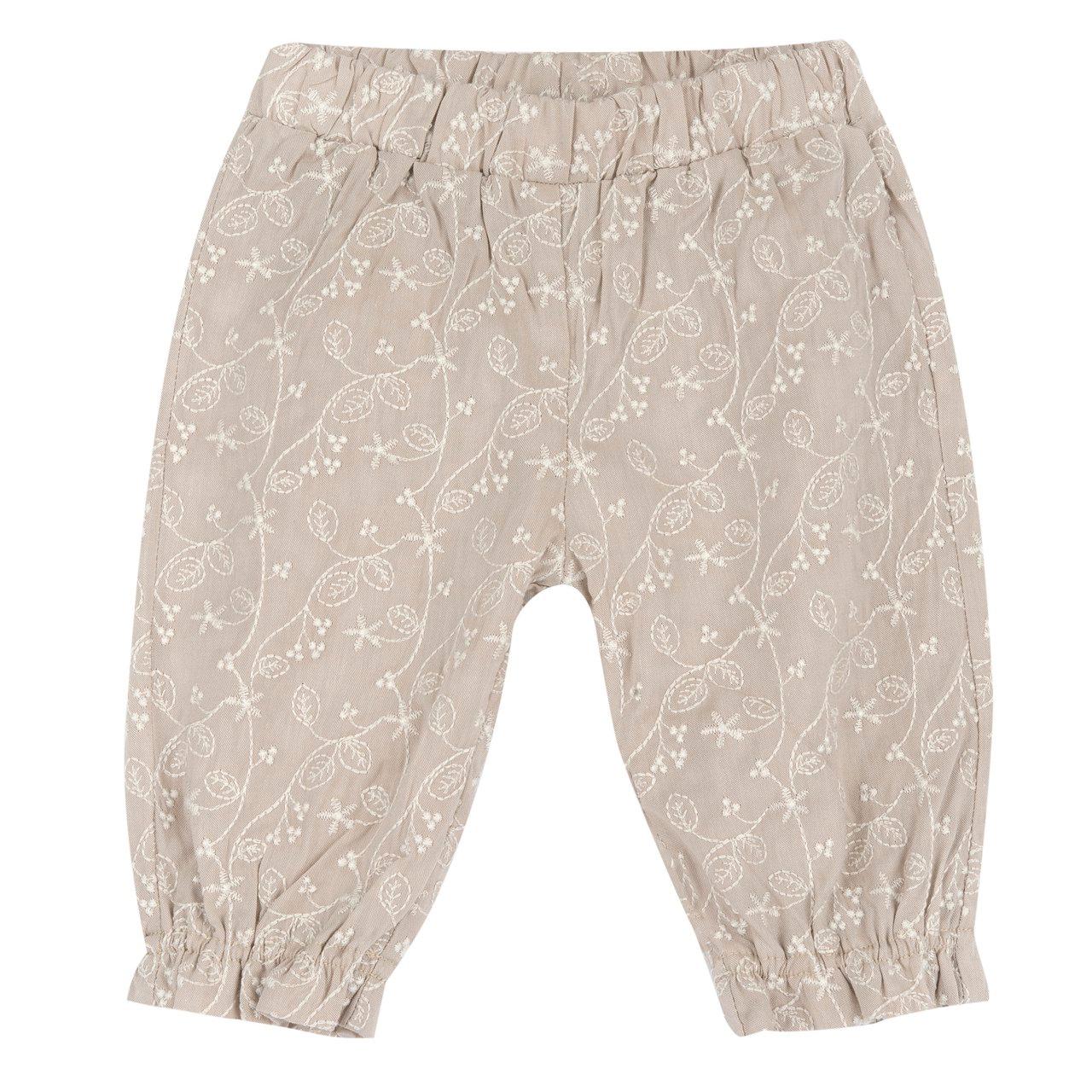 Pantaloni lunghi bianchi da bambina Chicco con ricamo fantasia ramage floreale in cotone viscosa, vita elasticizzata e fodera interna. | Chicco