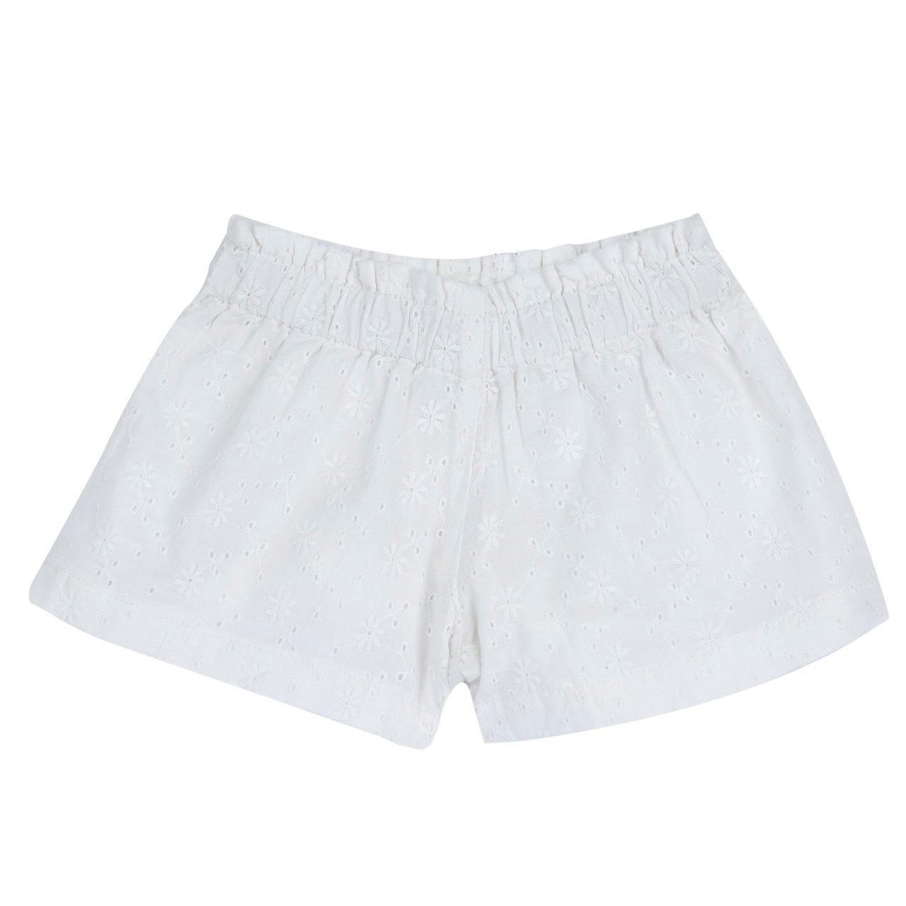Pantaloni corti bianchi in cotone Sangallo traforato a fiori per bambina Chicco, con vita elasticizzata e fodera interna in cotone sostenibile. | Chicco