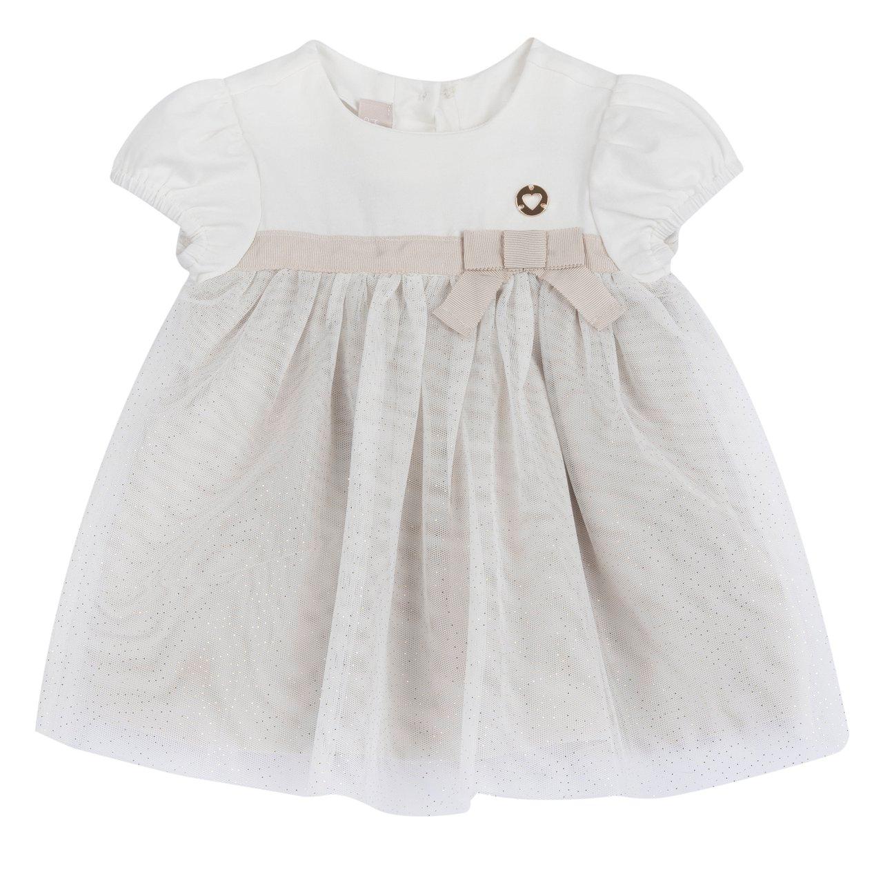 Vestito girocollo Chicco bianco a manica corta per bambina, in jersey elasticizzato con dettagli glitter, fiocco e medaglietta a cuore. | Chicco