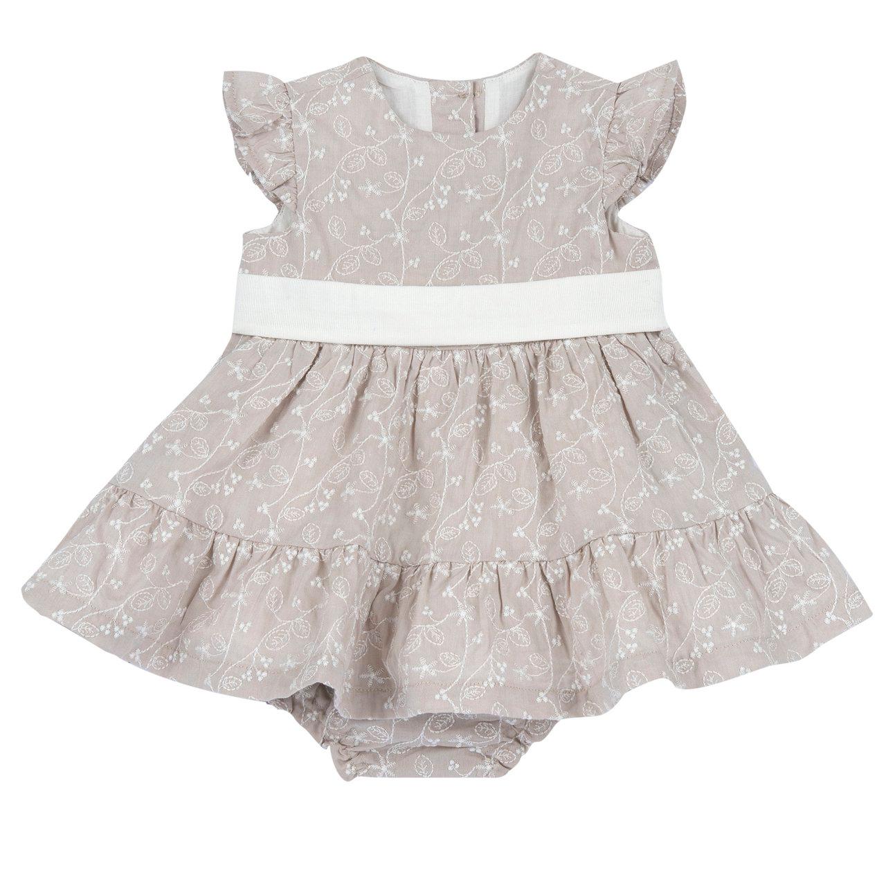 Completo vestito con culotte Chicco bianco in cotone viscosa ricamato, girocollo, maniche ad aletta e cintura piquet staccabile. | Chicco