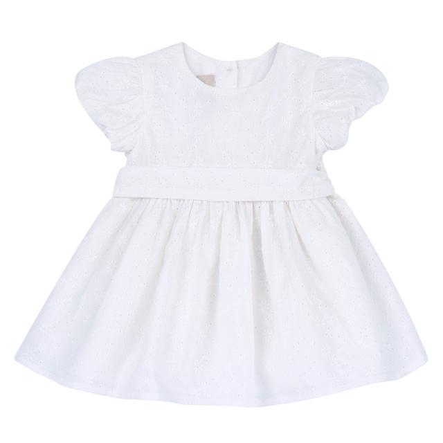 Vestito girocollo Chicco bianco in cotone Sangallo per bambina, maniche a palloncino, motivo floreale traforato, cinturetta rimovibile e bottoni effetto madreperla. | Chicco